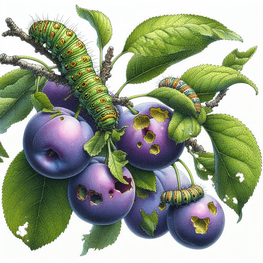 drawing of winter codling moth caterpillar consuming plums