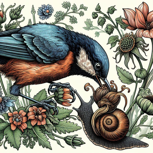 botanical illustration: natural pest control of bird eating snail