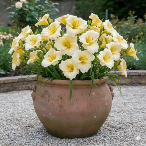 Potted Daylily with creamy pearlyellow flowers in a garden setting - organic plant nursery