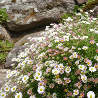 Erigeronkarvinskianus_Profusionwith white and pink flowers on a rockery -OrganicPlant Nursery 
