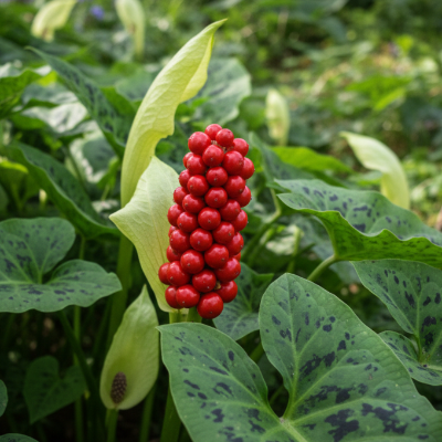 organic plant nursery - Arum maculatum with a Red berry cluster