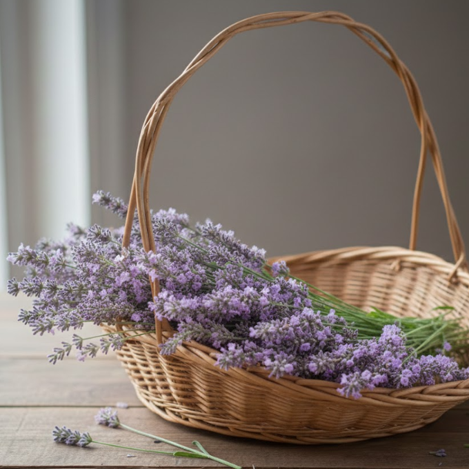 Wicker basket filled with lavender flowers on a wooden surface. (ORGANIC PLANT NURSERY)
