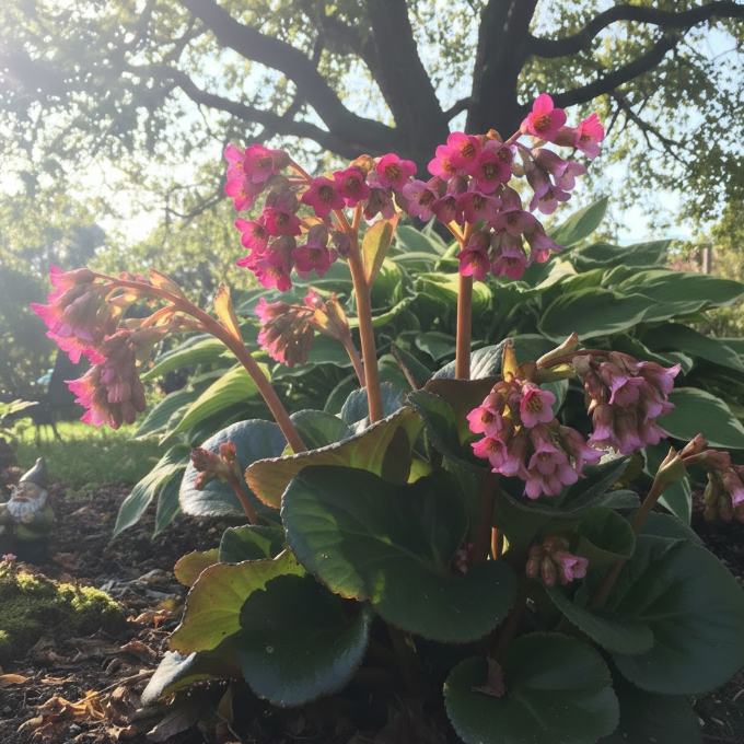 bergenia shoeshine grown at organic plant nursery. Pink flowers with green leaves in a natural setting